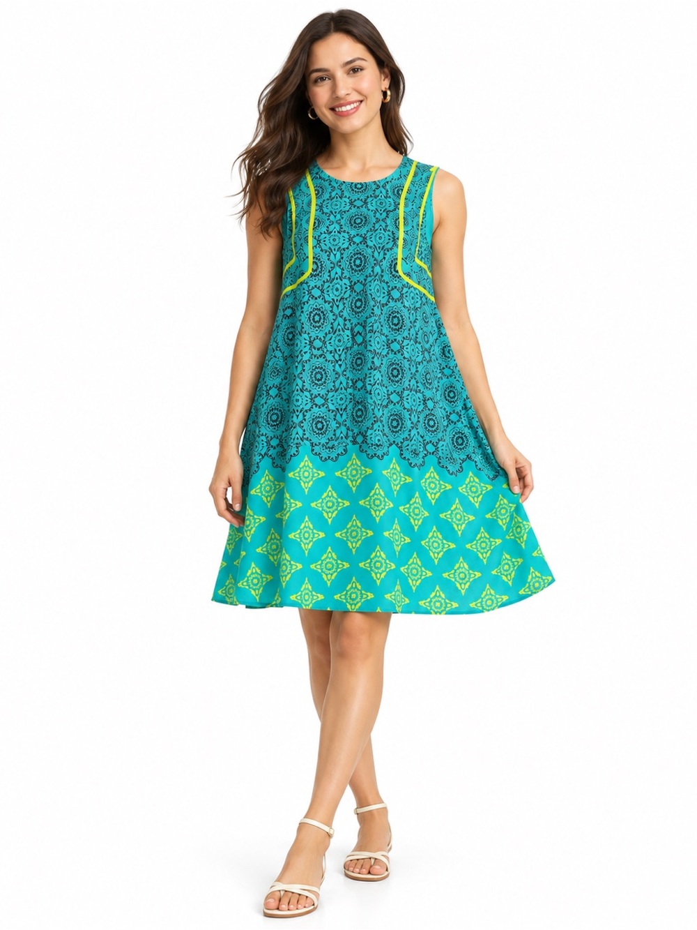 Hatley Teal Neon Yellow Sleeveless Swing Dress L Geometric Print Resort Colorful